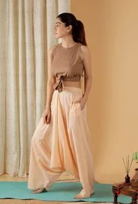 Mulmul Cotton Solid Tan brown Crop Top With Knotted Belt image 2