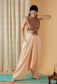 Mulmul Cotton Solid Tan brown Crop Top With Knotted Belt image 3