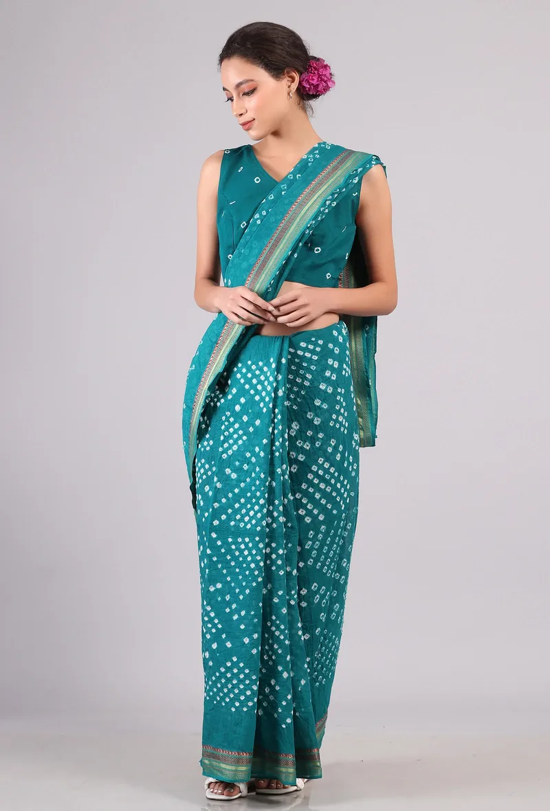Set Of 2: Teal Green Cotton Bandhani Printed Saree with Blouse