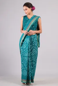 Set Of 2: Teal Green Cotton Bandhani Printed Saree with Blouse image 1