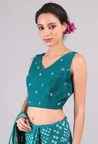 Set Of 2: Teal Green Cotton Bandhani Printed Saree with Blouse image 3