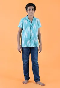 Teal Blue Ikat Cotton Shirt image 2