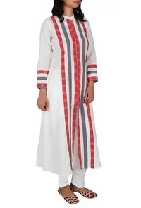 Off White Gamcha Cotton Long Kurta image 3