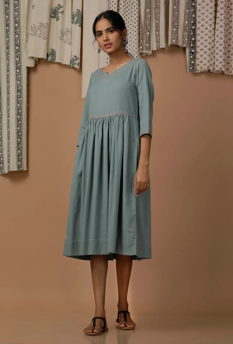 Powdered Blue Handblock Cotton Flex Dress