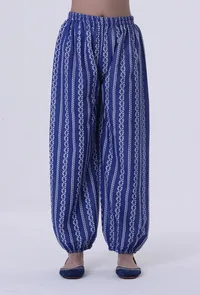 Blue Cotton Pant with White Motif image 1