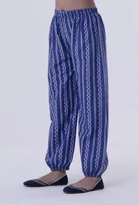 Blue Cotton Pant with White Motif image 2