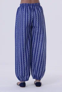 Blue Cotton Pant with White Motif image 3