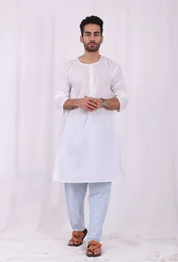 Set of 2: White Cotton kurta with Blue Striped Pajama image 1