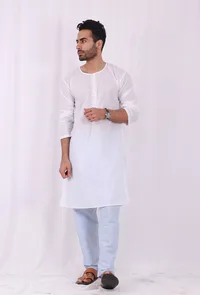 Set of 2: White Cotton kurta with Blue Striped Pajama image 2