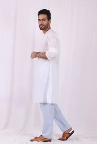 Set of 2: White Cotton kurta with Blue Striped Pajama image 3