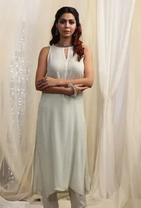 Tea Green Plain Halter Neck Kurta With Sequin Embroidery image 1