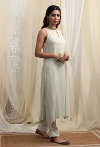 Tea Green Plain Halter Neck Kurta With Sequin Embroidery image 2