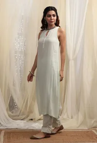 Tea Green Plain Halter Neck Kurta With Sequin Embroidery image 3