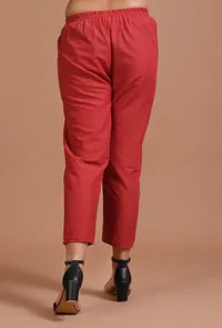 Set Of 2: Red Cotton Plain Kurta & Pant Set image 6