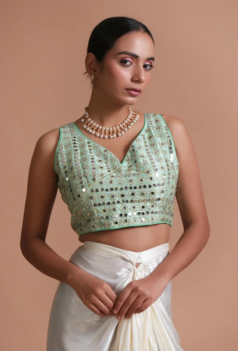 Mint Green Color Raw Silk Mirror Work Blouse