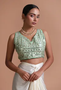 Mint Green Color Raw Silk Mirror Work Blouse image 1