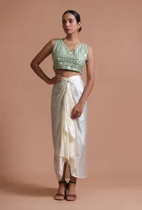 Mint Green Color Raw Silk Mirror Work Blouse image 2