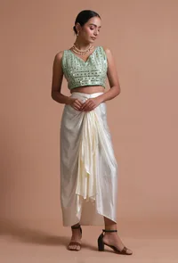 Mint Green Color Raw Silk Mirror Work Blouse image 3