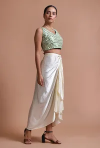 Mint Green Color Raw Silk Mirror Work Blouse image 5