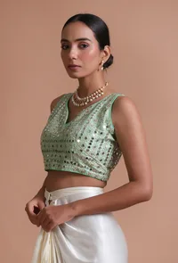 Mint Green Color Raw Silk Mirror Work Blouse image 6