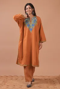 Orange Woolen Ari Embroidered Phiran- Free Size image 1