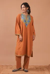 Orange Woolen Ari Embroidered Phiran- Free Size image 2