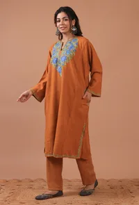 Orange Woolen Ari Embroidered Phiran- Free Size image 3