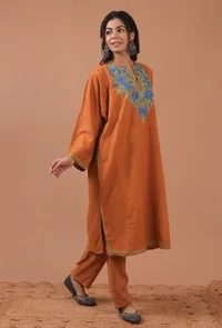 Orange Woolen Ari Embroidered Phiran- Free Size image 4