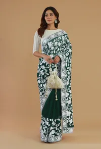 Embroidered Bottle Green Georgette Saree with Unstitched Blouse image 2