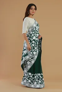 Embroidered Bottle Green Georgette Saree with Unstitched Blouse image 4