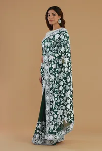 Embroidered Bottle Green Georgette Saree with Unstitched Blouse image 5