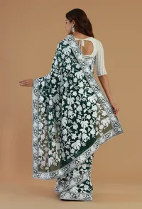 Embroidered Bottle Green Georgette Saree with Unstitched Blouse image 6