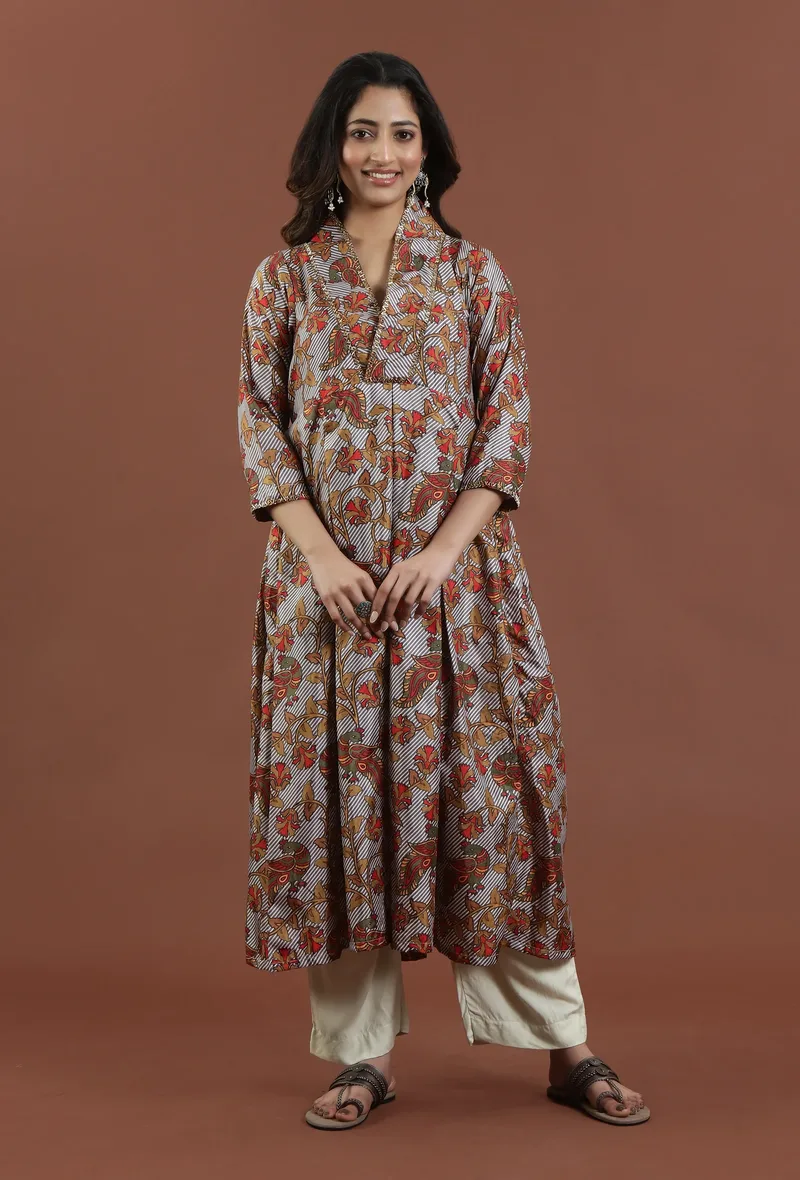 Elegant Kalamkari Printed Muslin Silk Flared Ethnic Kurta
