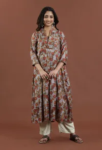 Elegant Kalamkari Printed Muslin Silk Flared Ethnic Kurta image 1