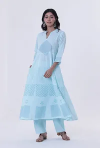 Set Of 2: Greenish-Blue Cotton Block Printed Anarkali Kurta & Pant image 1