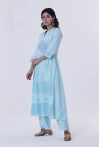Set Of 2: Greenish-Blue Cotton Block Printed Anarkali Kurta & Pant image 2