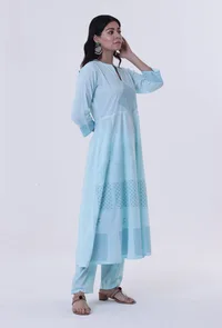 Set Of 2: Greenish-Blue Cotton Block Printed Anarkali Kurta & Pant image 3