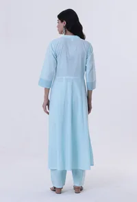 Set Of 2: Greenish-Blue Cotton Block Printed Anarkali Kurta & Pant image 4