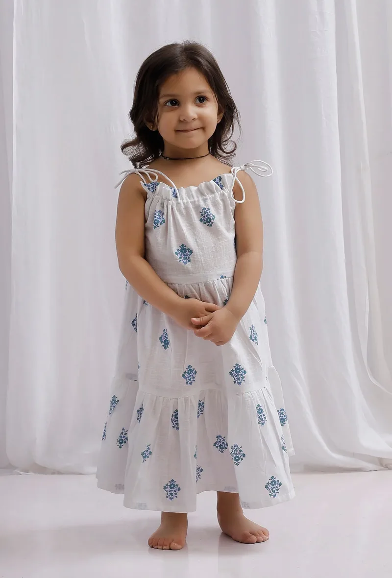 Blue Tie-up Block Printed Cotton Tier Flare Dress