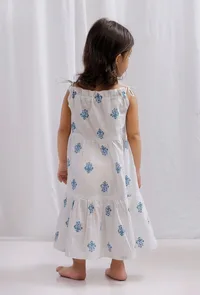 Blue Tie-up Block Printed Cotton Tier Flare Dress image 3