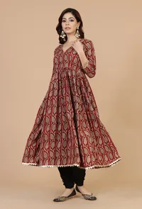 Hand Block Baagh Print Flared Kurta with Lace Detailing - Maroon image 1