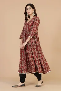 Hand Block Baagh Print Flared Kurta with Lace Detailing - Maroon image 3