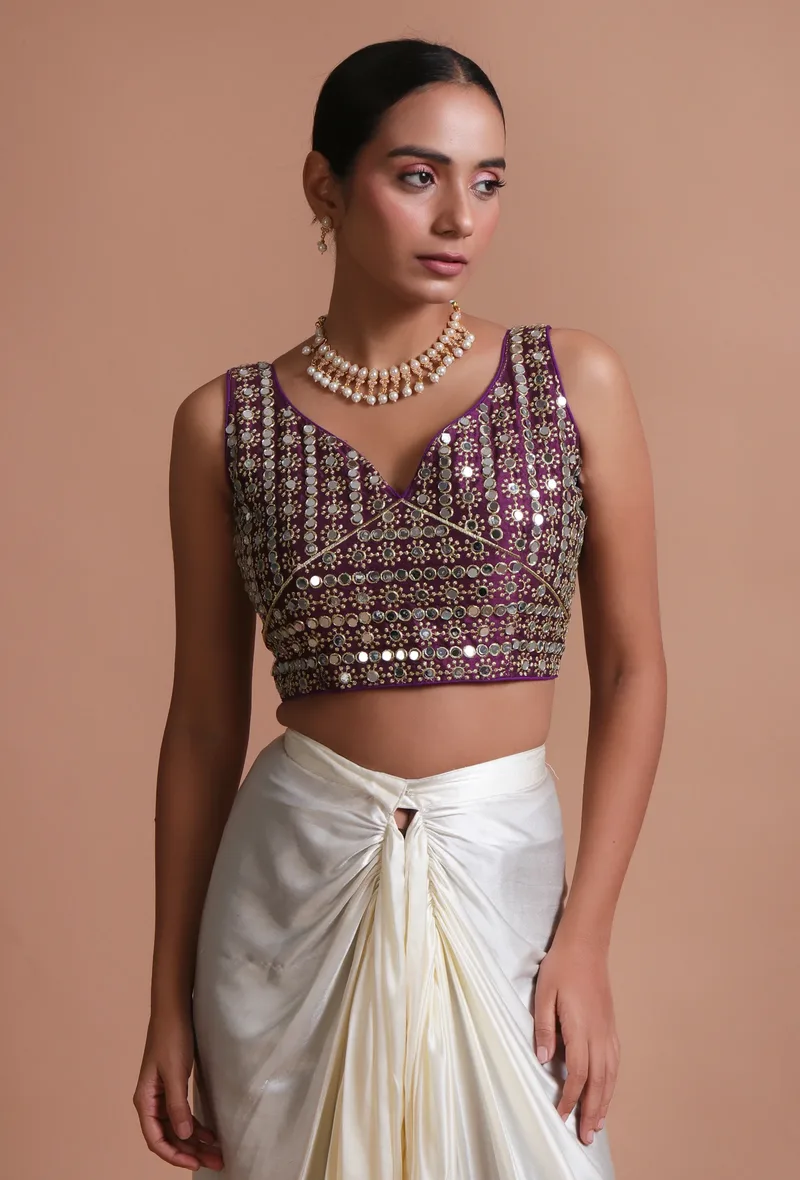 Light Purple Color Raw Silk Mirror Work Blouse