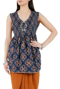 Set Of Indigo-Mocha Pintex Stitch Pure Cotton Kurta And Dhoti image 4