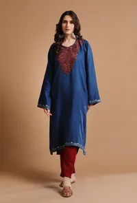 Venice Blue Kashmiri Sozni Embroidery Phiran-Free Size image 1