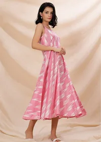 Baby Pink Cotton Slip Sleeveless Flared Ikkat Dress image 2