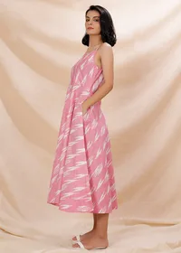 Baby Pink Cotton Slip Sleeveless Flared Ikkat Dress image 3