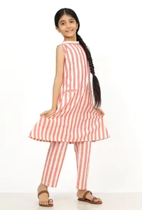 Set of 2: Scarlet Red Stripes Cotton Kurti with Pants image 1