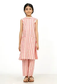 Set of 2: Scarlet Red Stripes Cotton Kurti with Pants image 2