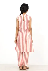 Set of 2: Scarlet Red Stripes Cotton Kurti with Pants image 4